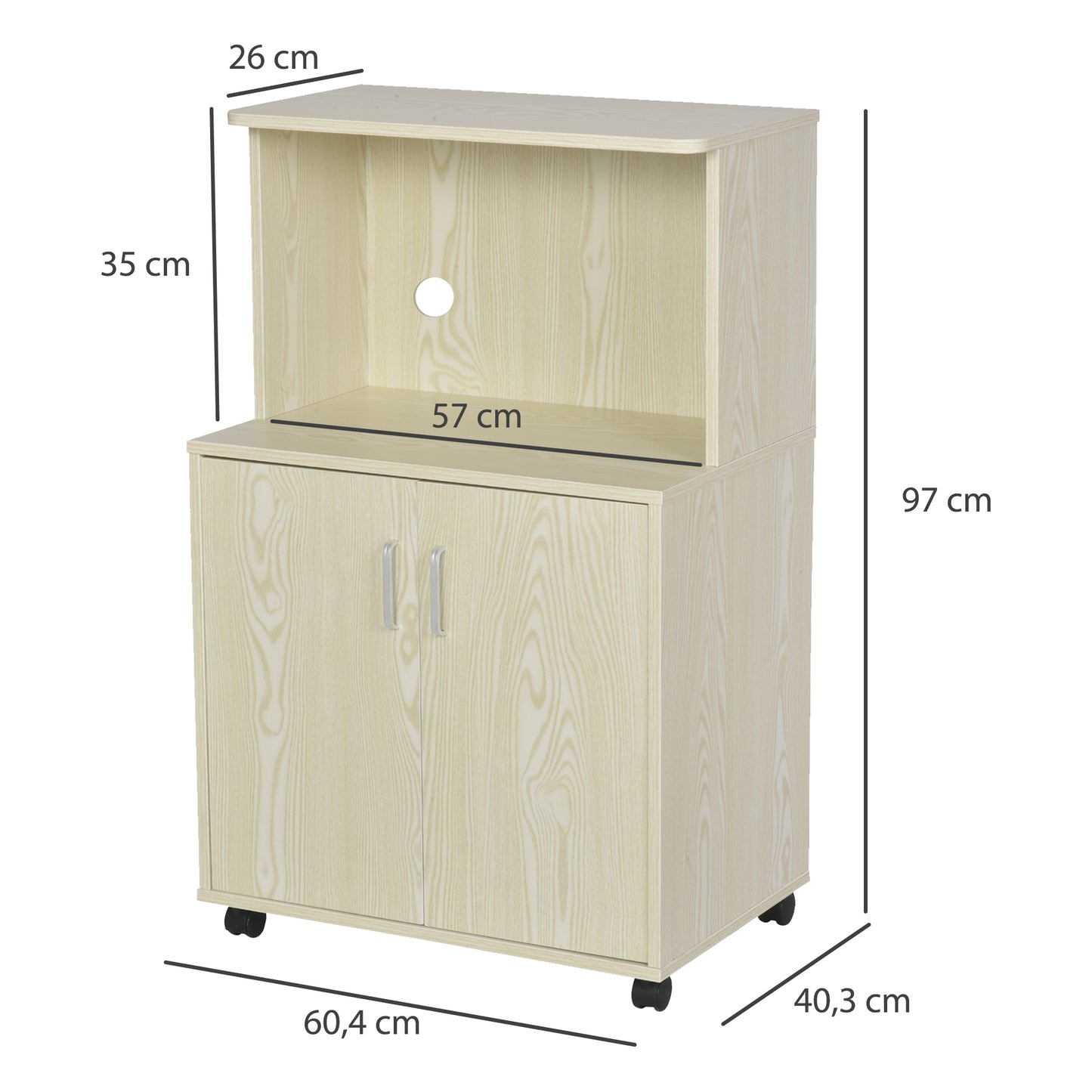 Kitchen Storage Unit Microwave Cart Trolley w/ Cabinet Wheels Shelf Oak