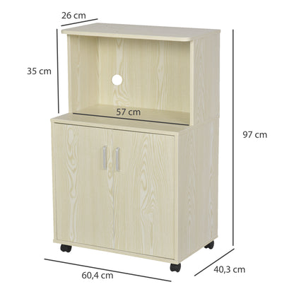 Kitchen Storage Unit Microwave Cart Trolley w/ Cabinet Wheels Shelf Oak