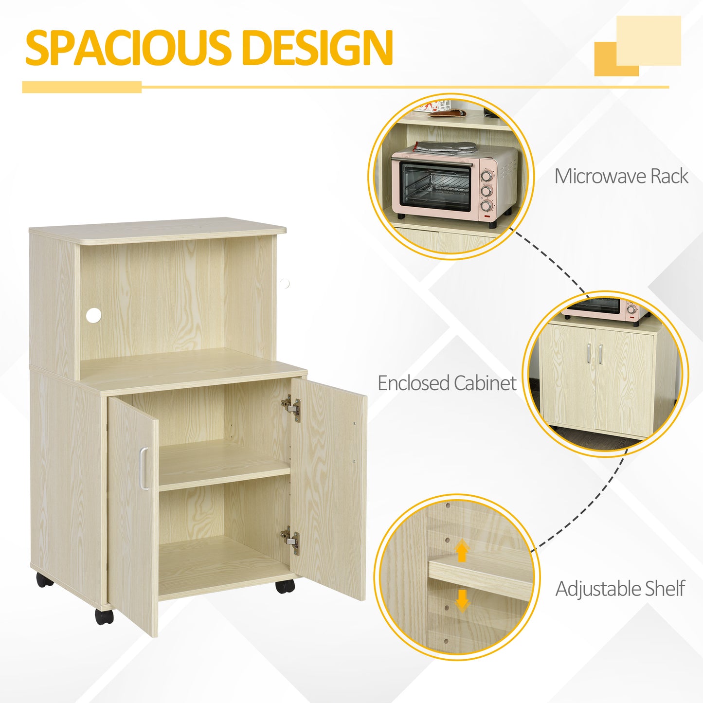 Kitchen Storage Unit Microwave Cart Trolley w/ Cabinet Wheels Shelf Oak