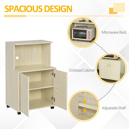 Kitchen Storage Unit Microwave Cart Trolley w/ Cabinet Wheels Shelf Oak