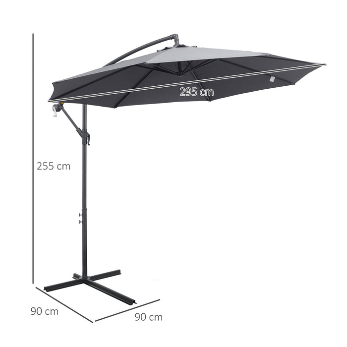 3(m) Garden Banana Parasol Cantilever Umbrella with Crank Handle and Cross Base, 8 Ribs for Outdoor, Hanging Sun Shade, Grey