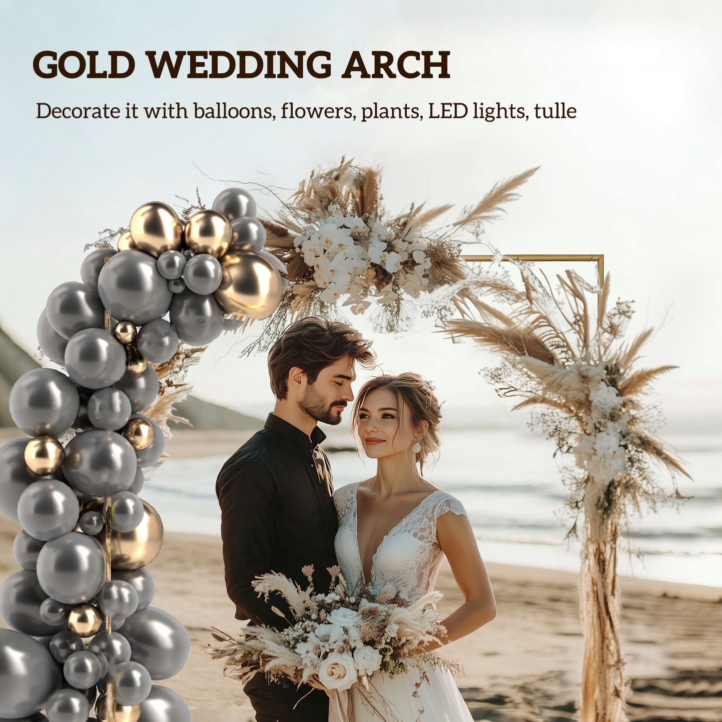 Wedding Arch Backdrop Stand, Gold Wedding Arch with U-shaped Stakes