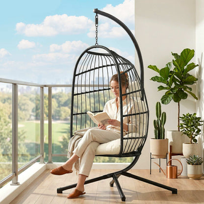 Hanging Egg Chair, Indoor Outdoor Hammock Swing Chair with Stand, Safety Strap, Foldable Basket, Thick Cushions, Headrest, Adjustable Height, Metal Frame for Garden Balcony, Black/Cream White