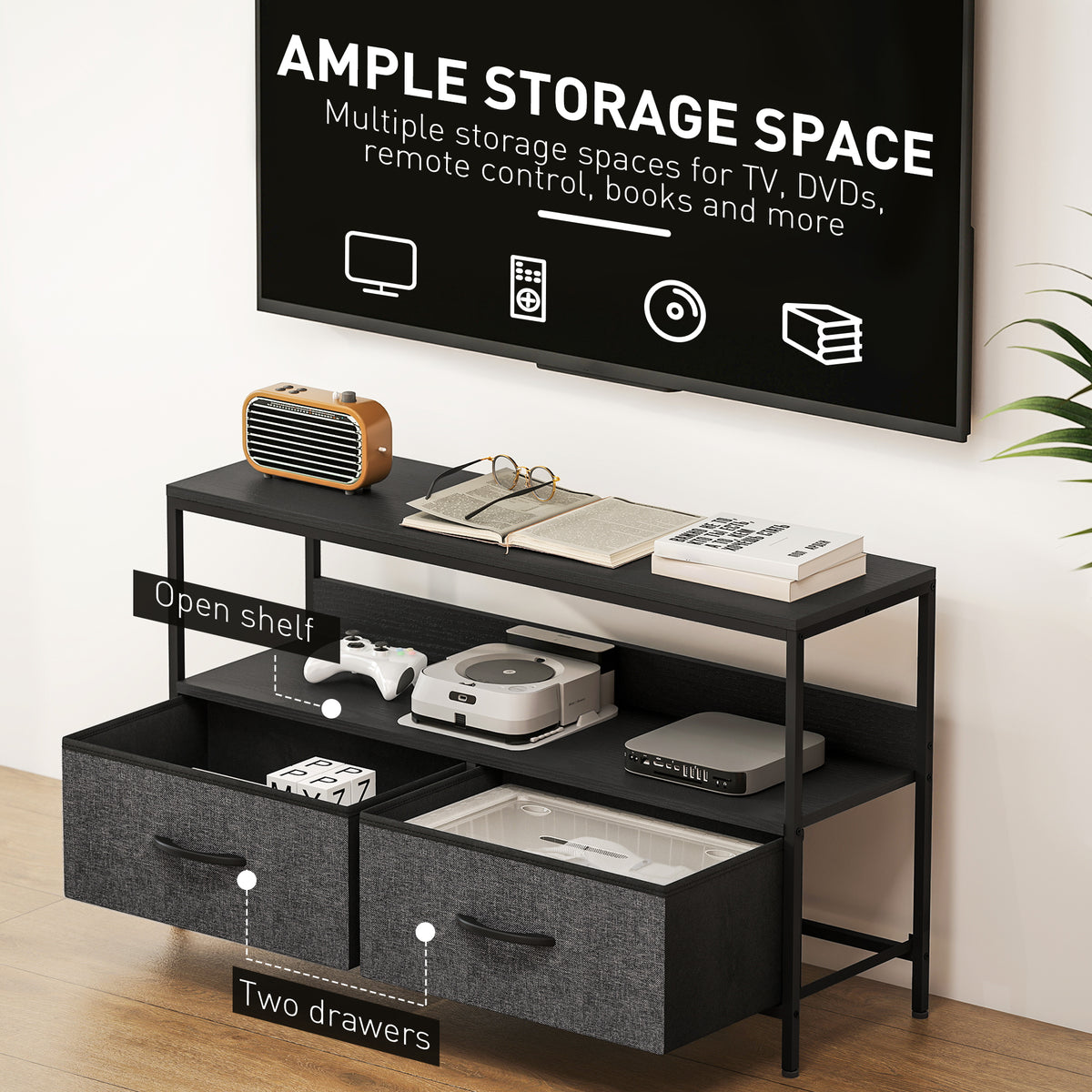 TV Cabinet, TV Console Unit with 2 Foldable Linen Drawers Black