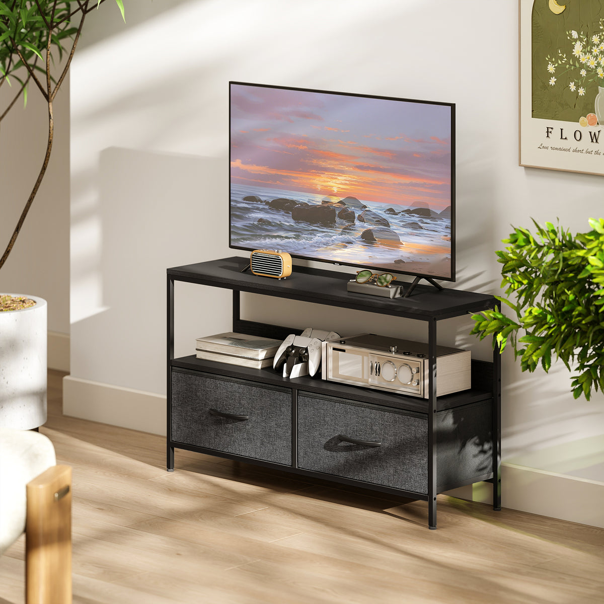TV Cabinet, TV Console Unit with 2 Foldable Linen Drawers Black