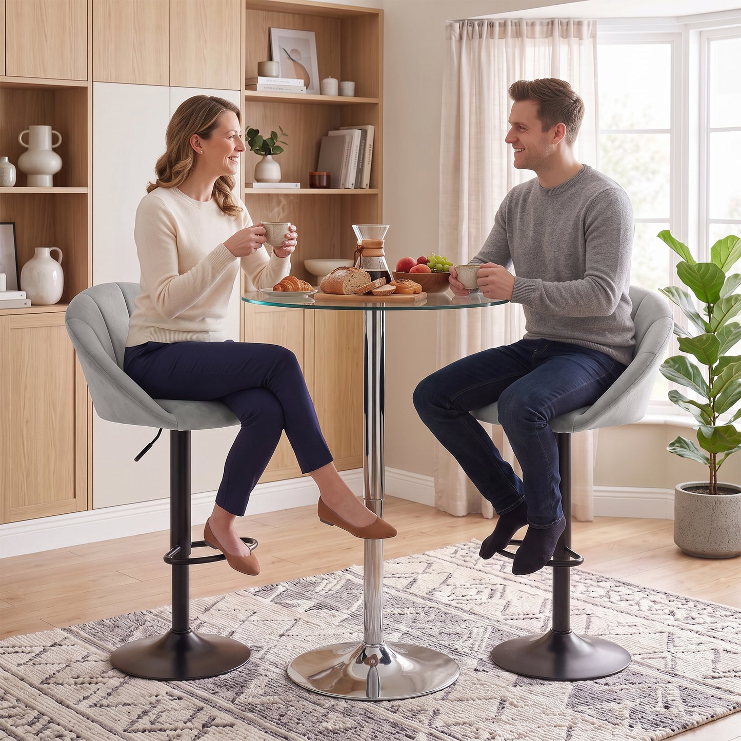 Bar Stools Set of 2 Velvet Adjustable Swivel Light Grey