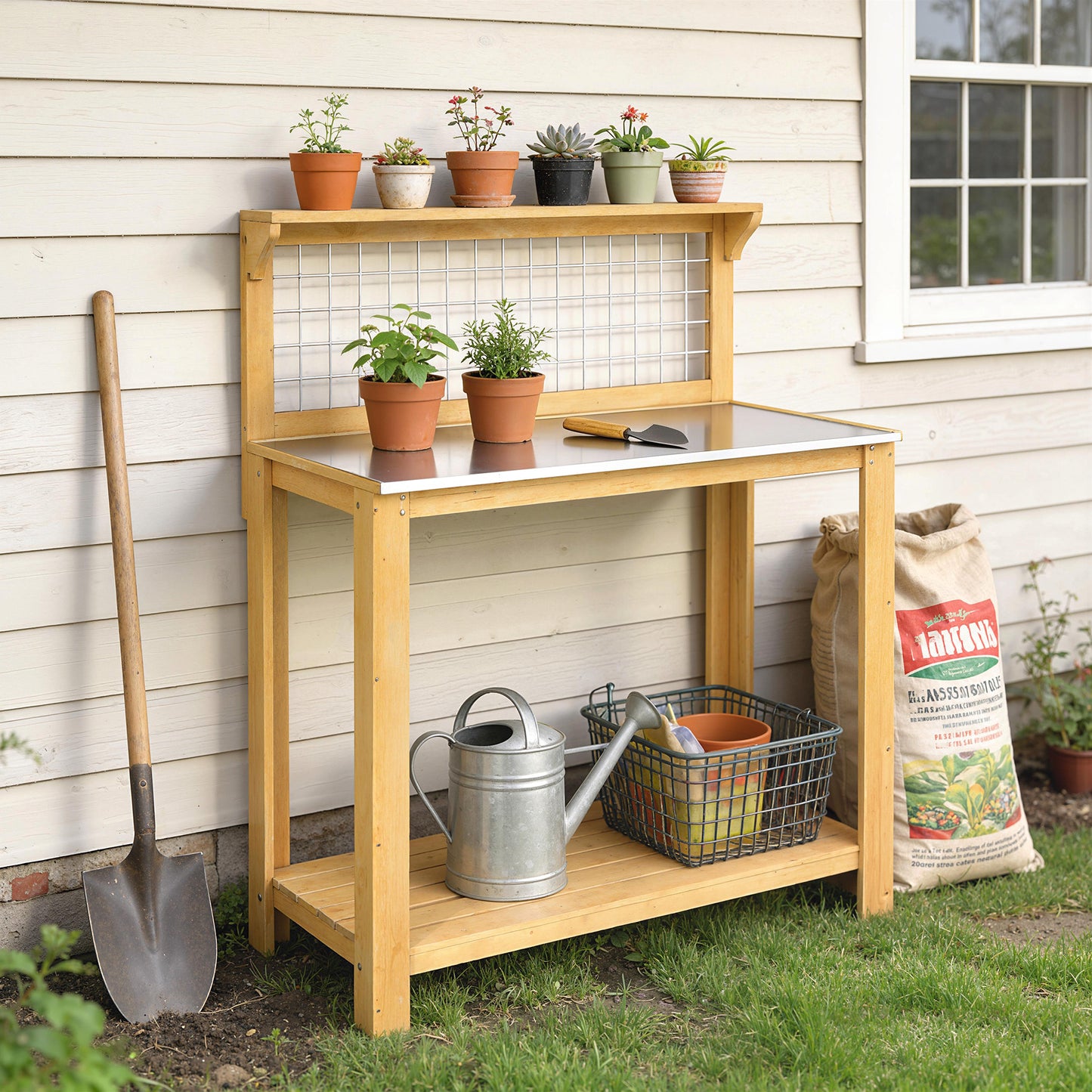 Wooden Potting Bench Table with Aluminium Worktop