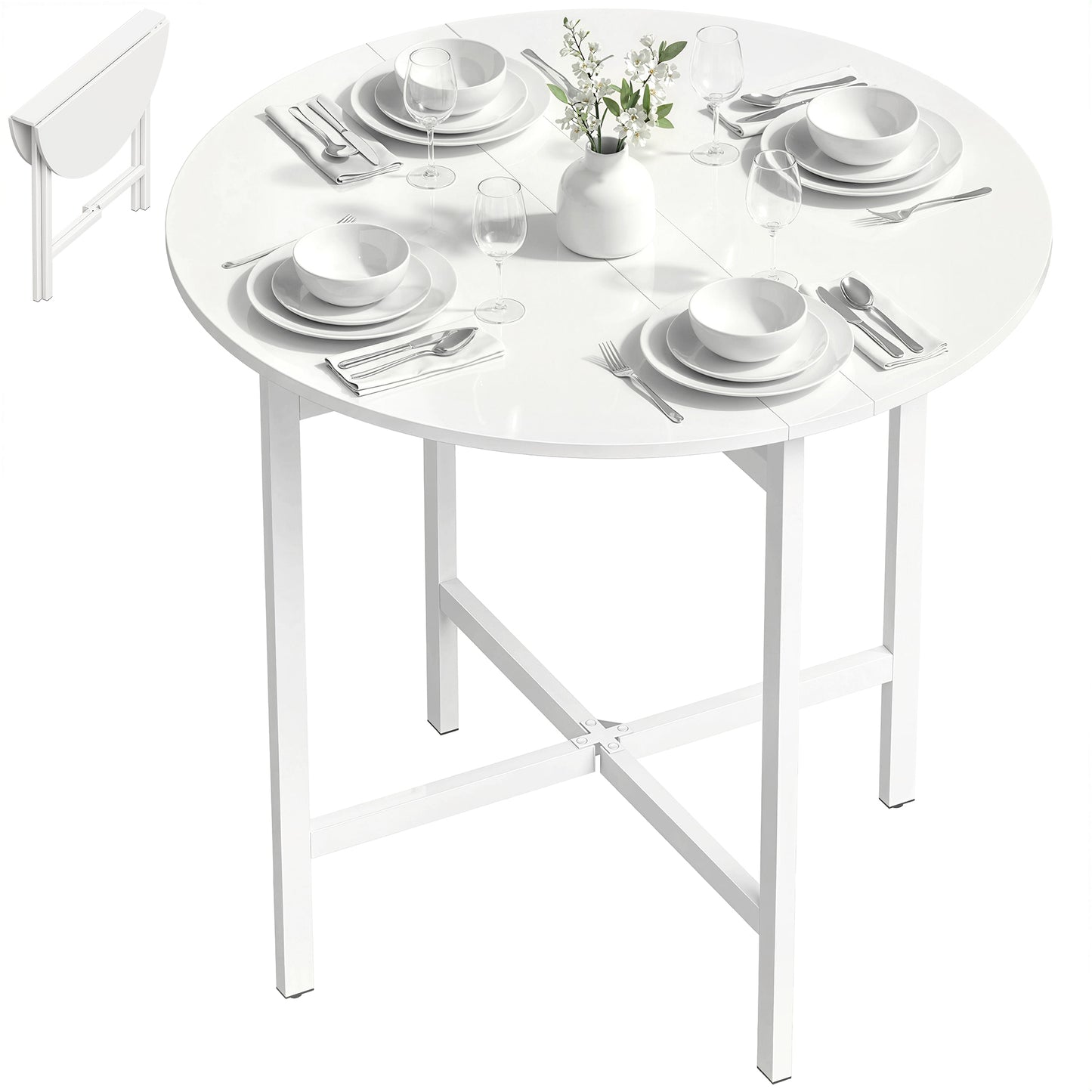 Folding Dining Table, Collapsible Drop Leaf Table for Small Spaces, Extendable Kitchen Table with Steel Frame, White