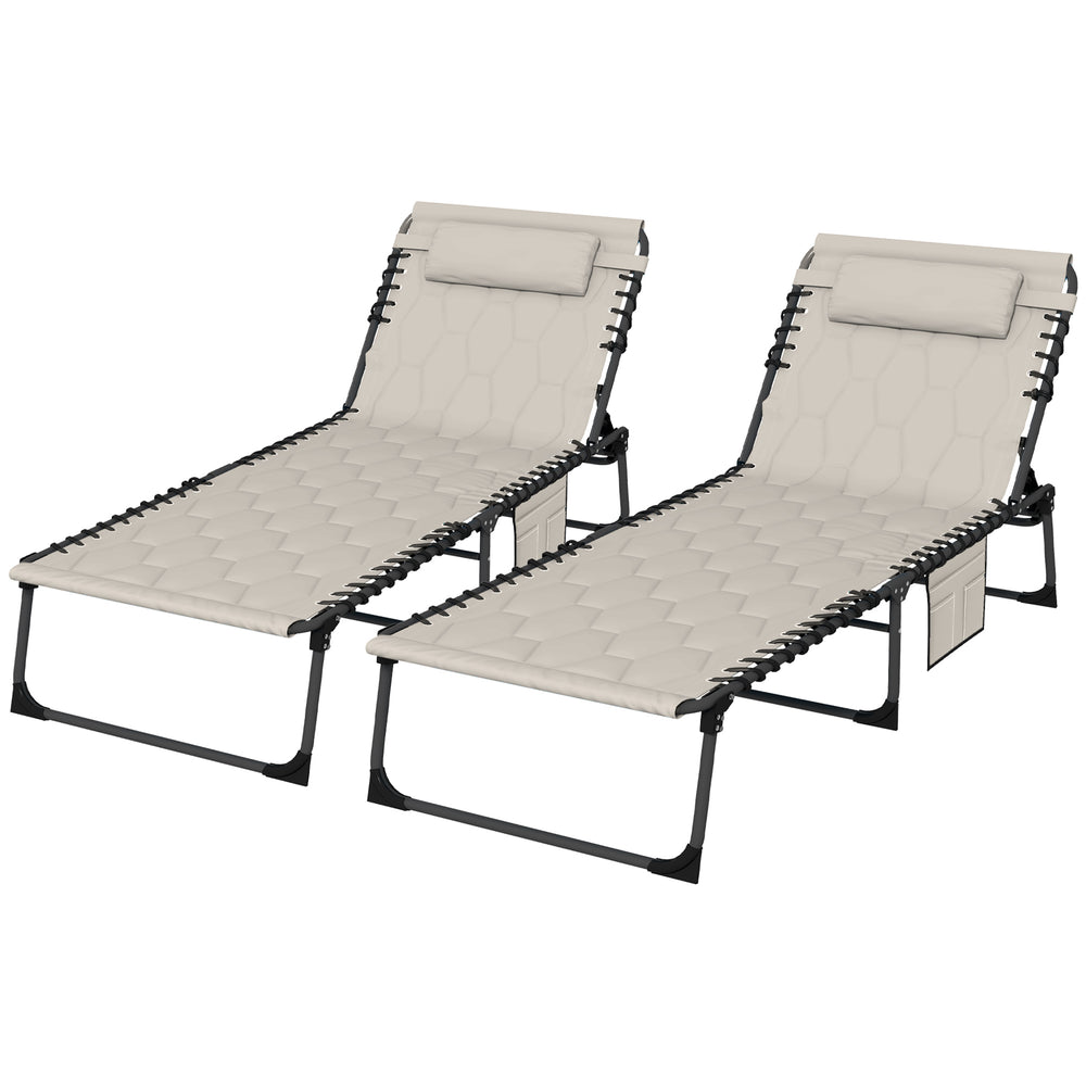 Foldable Sun Lounger Set with 5-level Reclining Back, Outdoor Tanning Chairs with Build-in Padded Seat, Sun Loungers w/ Side Pocket