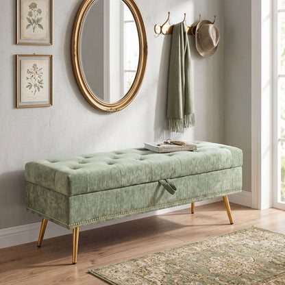 Storage Ottoman, Chenille Ottoman Storage Box, Light Green