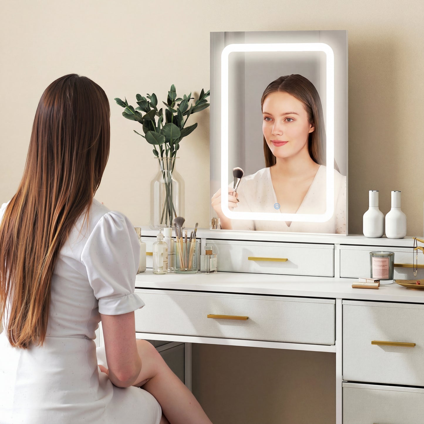 Dressing Table with LED Lighting Mirror and 10 Drawers, White