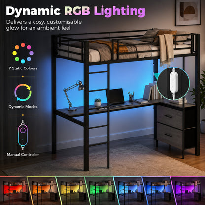 Metal Bunk Bed with Desk, High Sleeper with LED Light and Safety Guardrail