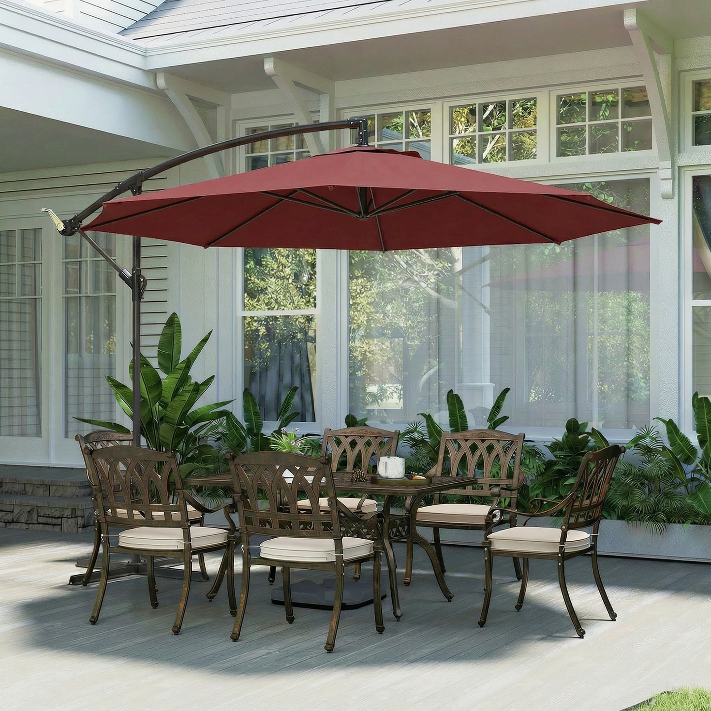 3(m) Garden Banana Parasol Cantilever Umbrella w/ Base, Wine Red