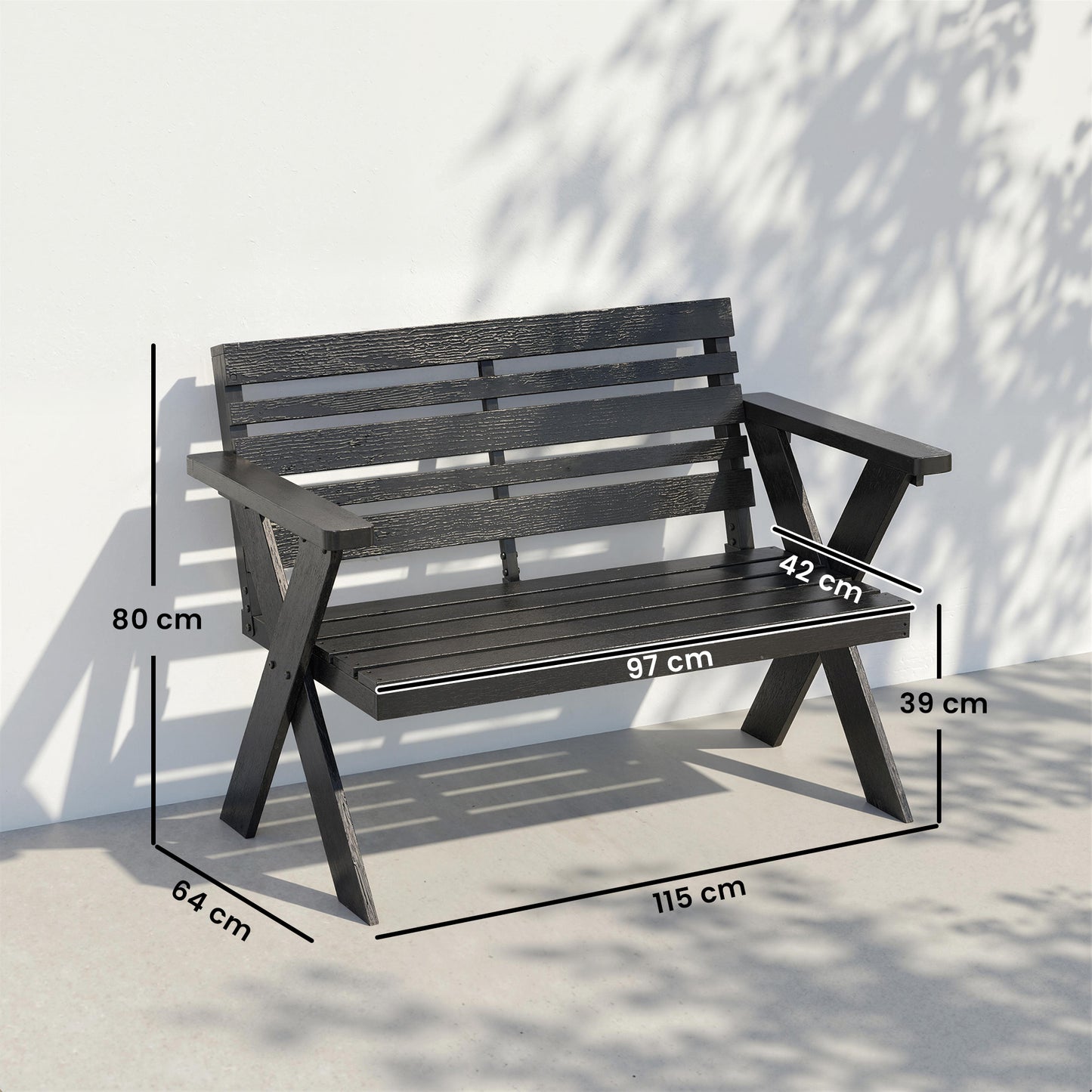 2 Seater Wood Garden Bench, Slatted Patio Bench with Armrest Black