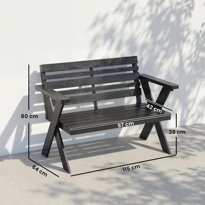 2 Seater Wood Garden Bench, Slatted Patio Bench with Armrest Black