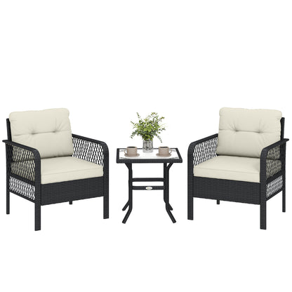3 Pieces Rattan Bistro Set with Tempered Glass Table Cream
