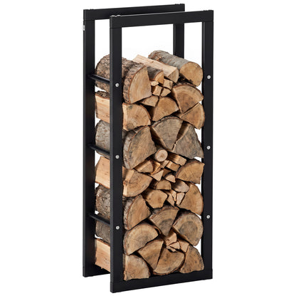 Metal Firewood Log Holder Tall Firewood Rack Indoor Outdoor Fireplace Wood Storage Shelf with Side Rails, Rust-Resistant, Black, 40W x 25D x 100H cm