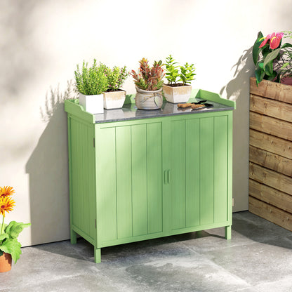Garden Storage Cabinet Potting Bench Table W/ galvanised Top Green