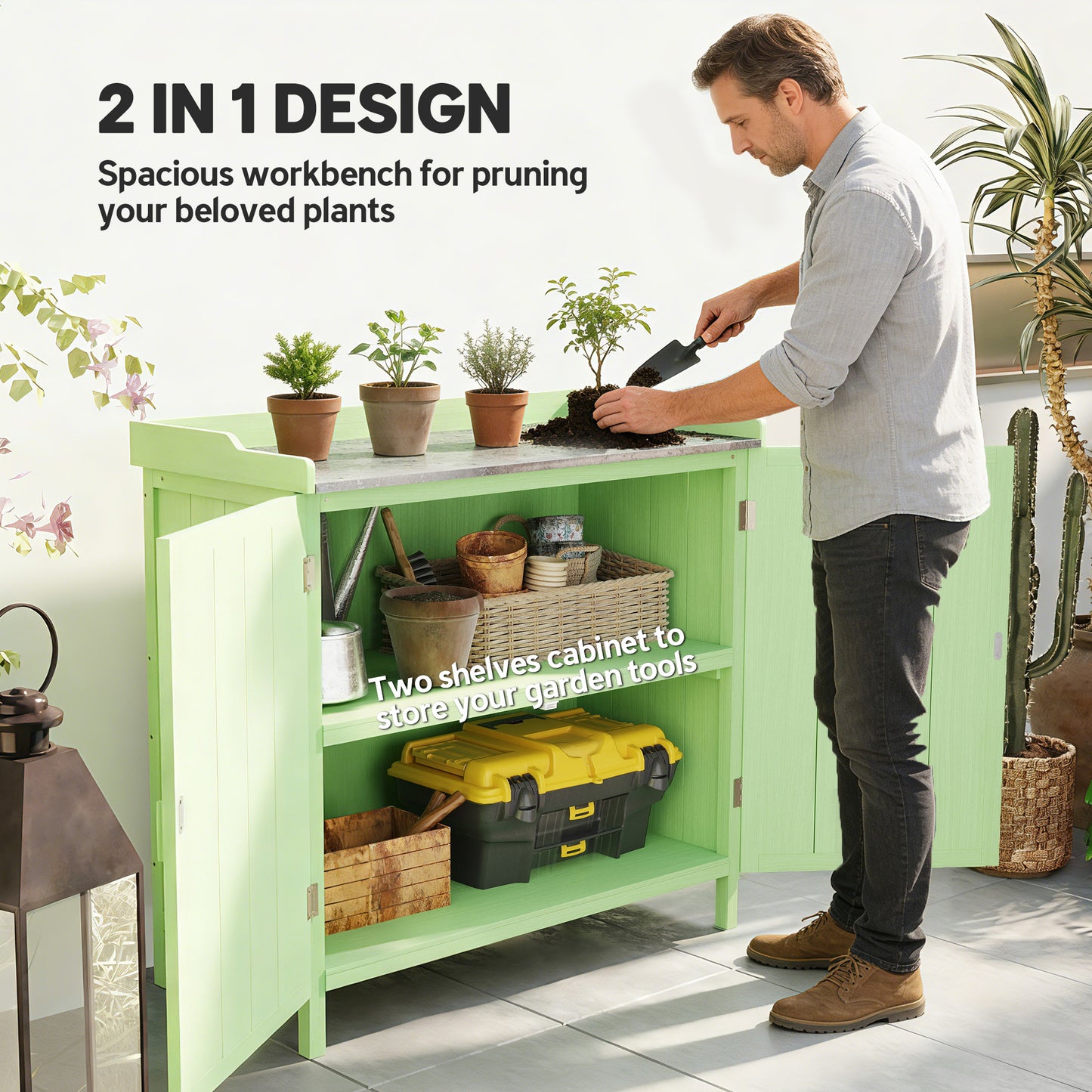 Garden Storage Cabinet Potting Bench Table W/ galvanised Top Green