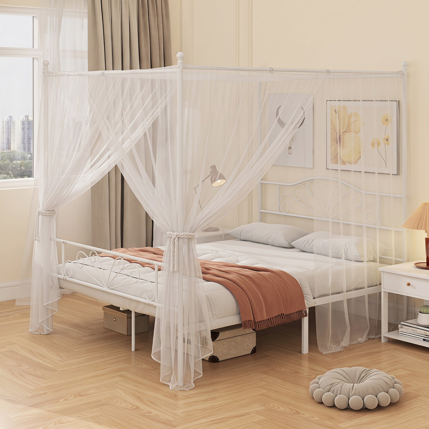 Canopy Bed Frame King Size, Metal Platform Bed Frame, White
