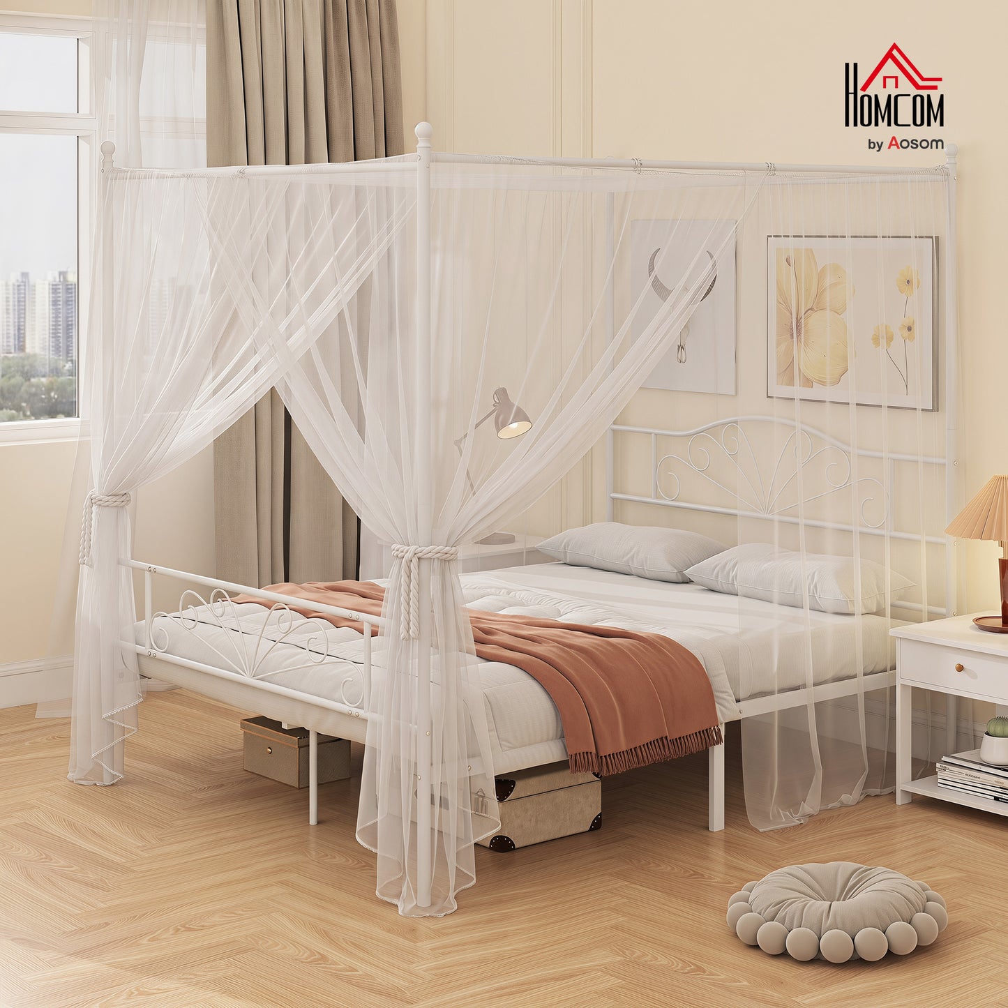 Canopy Bed Frame King Size, Metal Platform Bed Frame, White