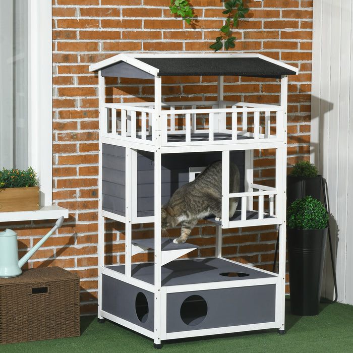 Wooden Outdoor Cat House 3-Tier Kitten Shelter w/ Tilted Roof Grey