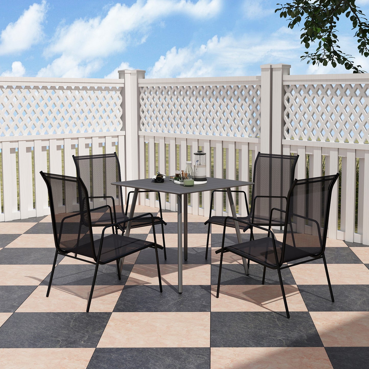 Garden Table for 4 Person with Slat Top, Steel Frame, Grey