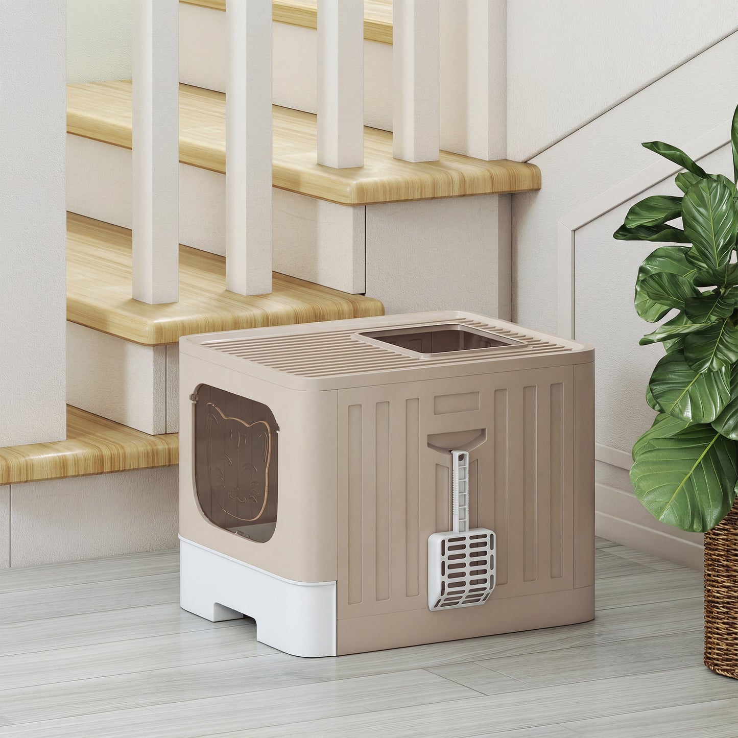 Foldable Cat Litter Box with Lid, Slide-Out Drawer, Khaki