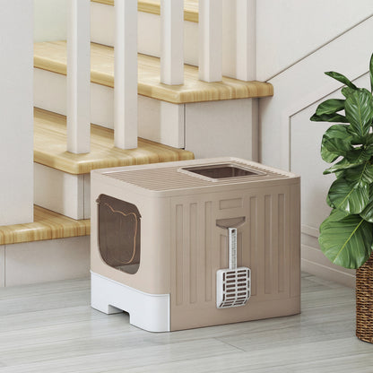 Foldable Cat Litter Box with Lid, Slide-Out Drawer, Khaki