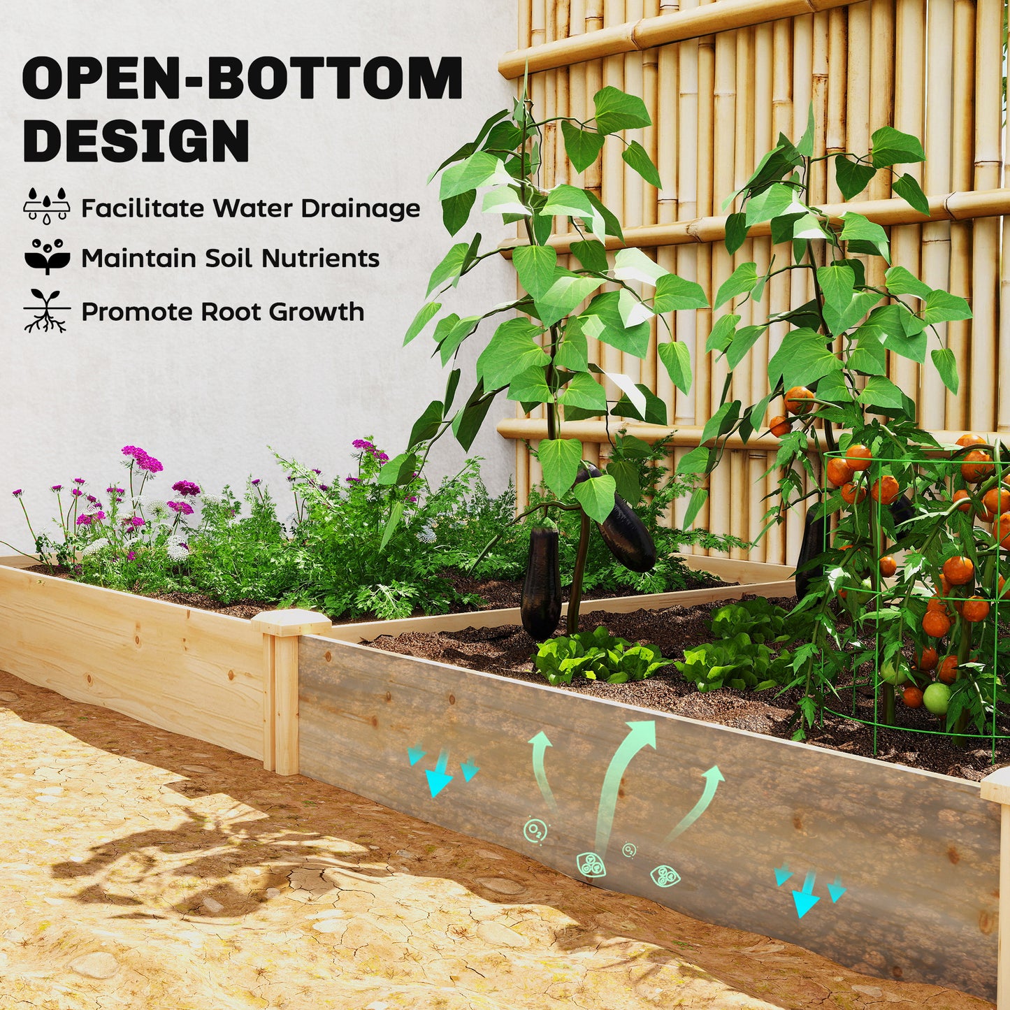 Raised Garden Bed, Wooden Planter Box with Divider and Open Bottom