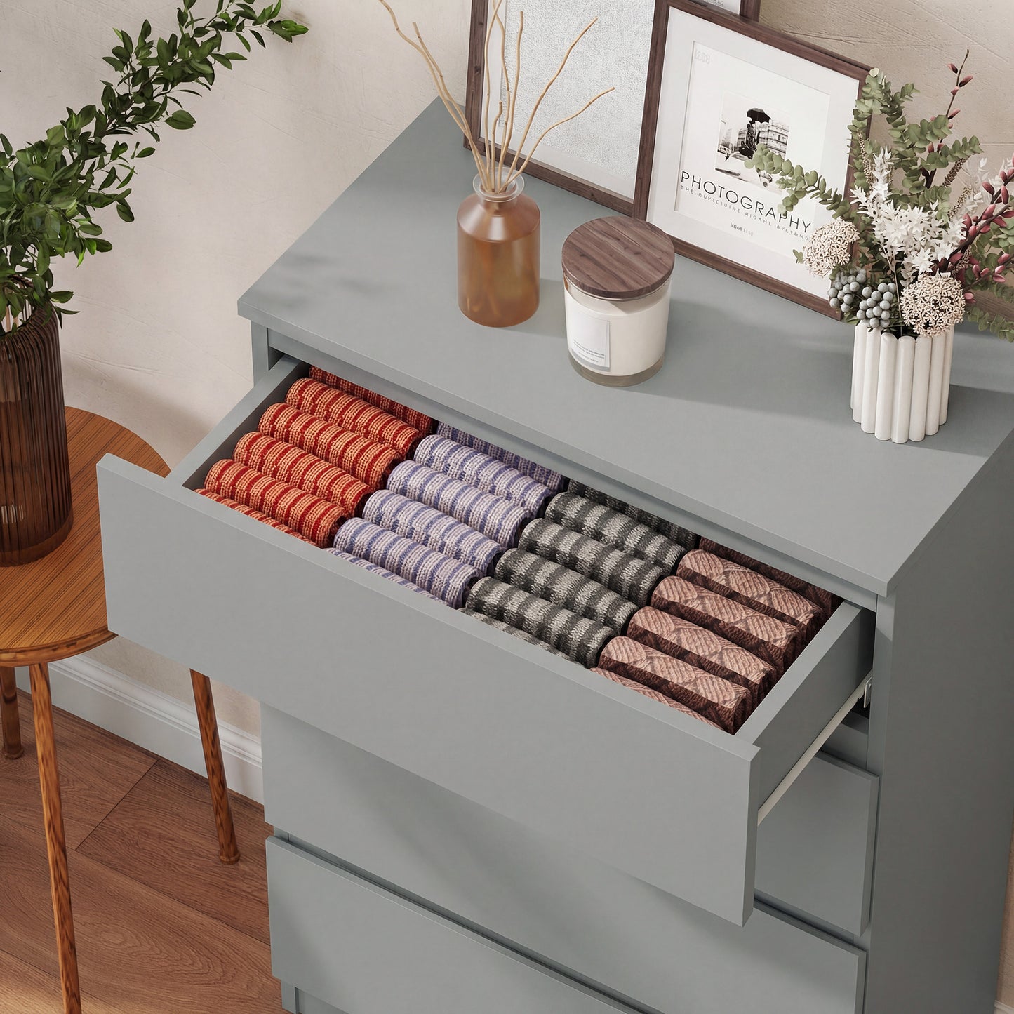 Bedroom Chest of Drawers, 5 Drawers Dresser, Drawer Unit, Grey