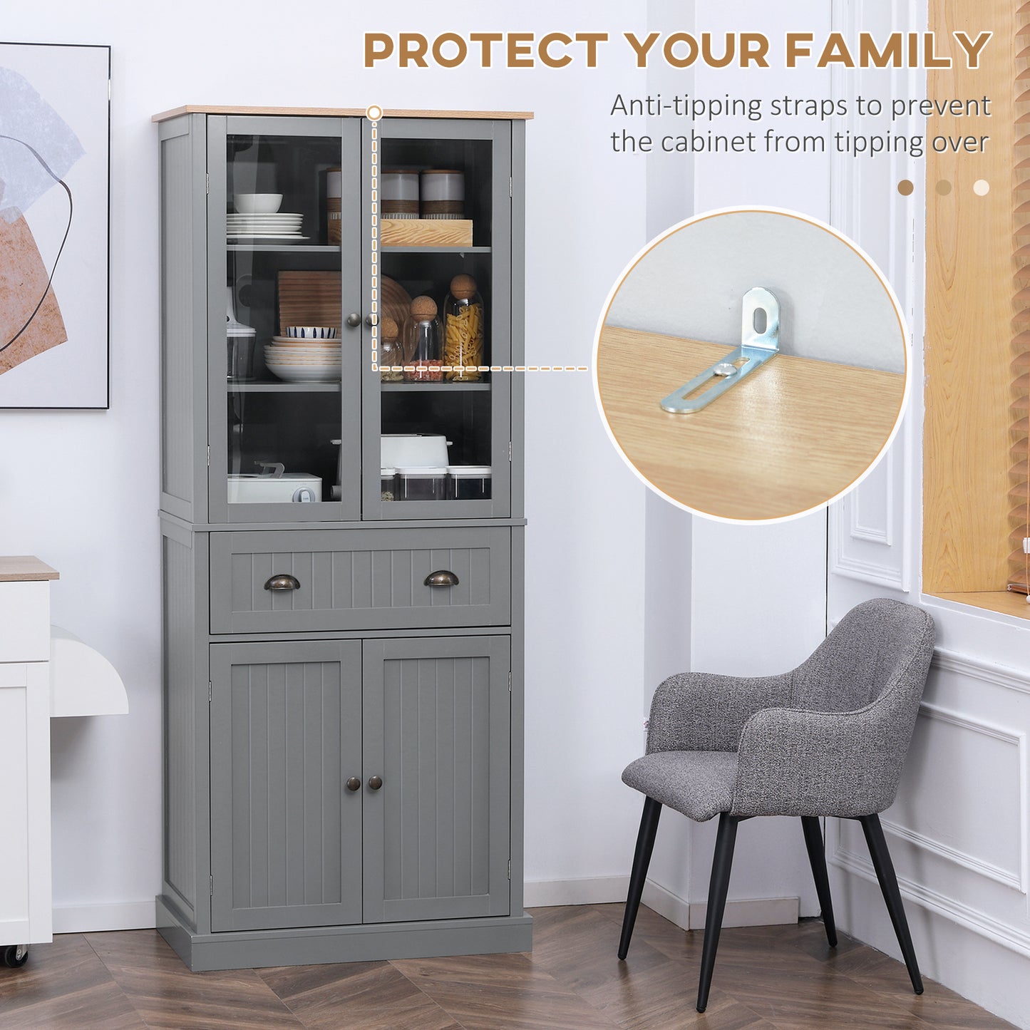 Tall Kitchen Cupboard, 5-tier Storage Cabinet with Adjustable Shelves