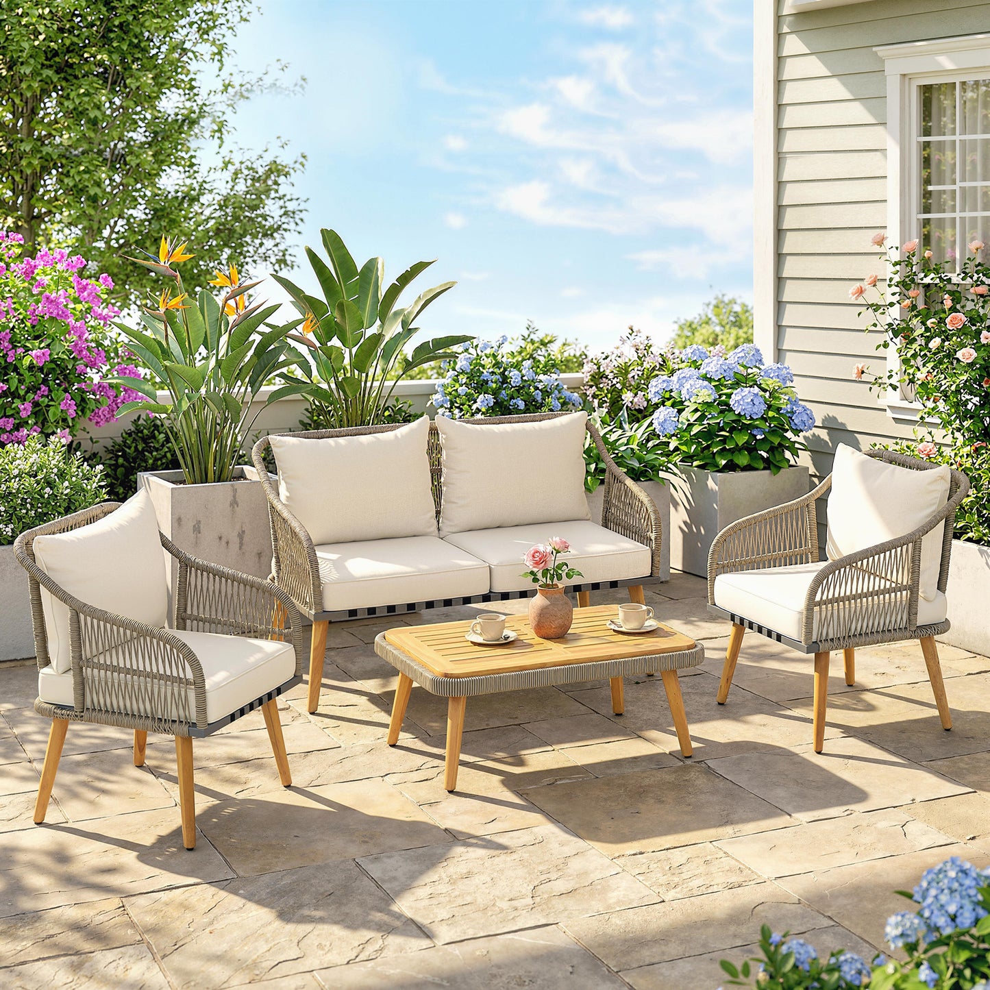 4 Piece Rattan Garden Furniture Set w/ Thick Cushions, Cream White