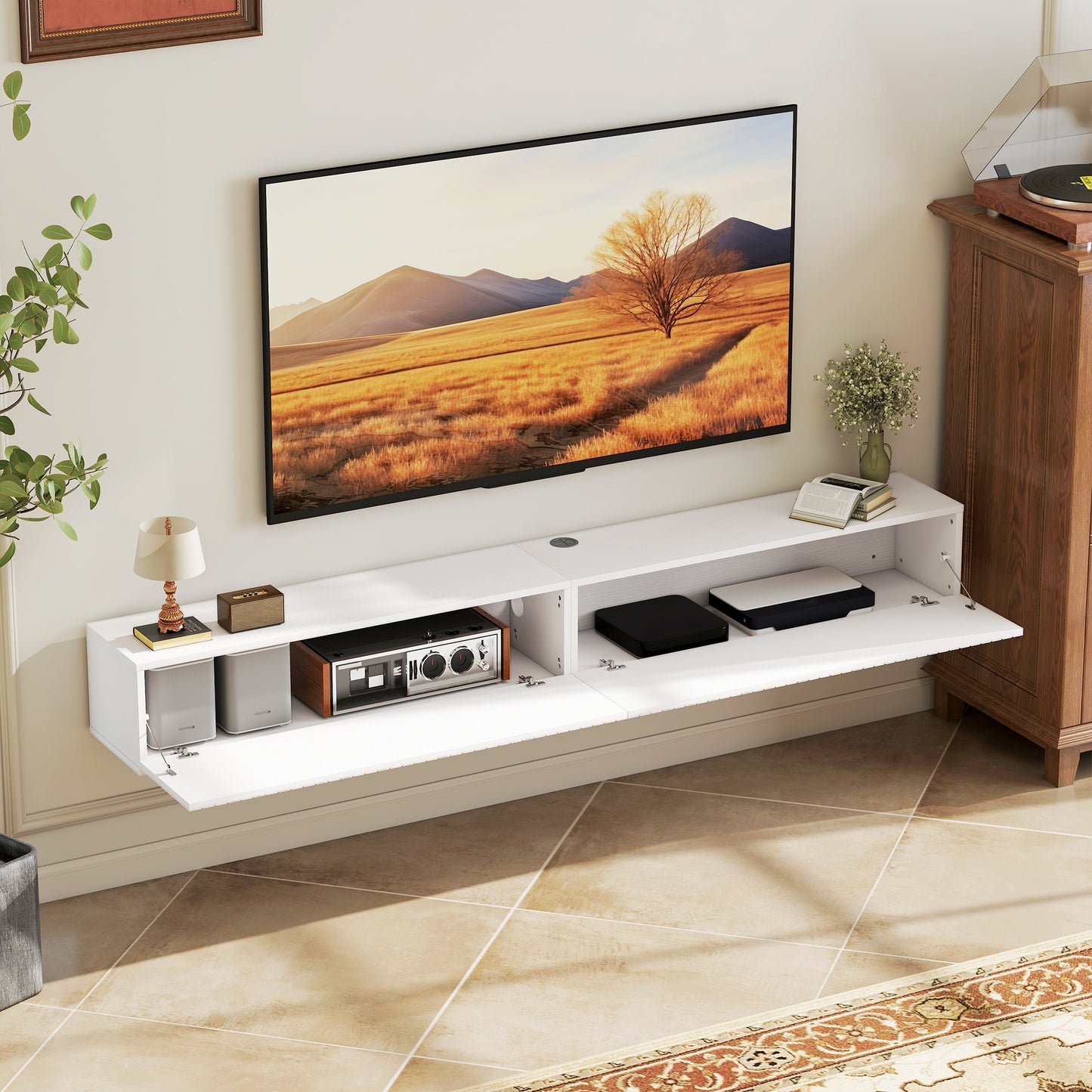 Wall Mount TV Stand Cabinet with Fluted Flip-Down Doors