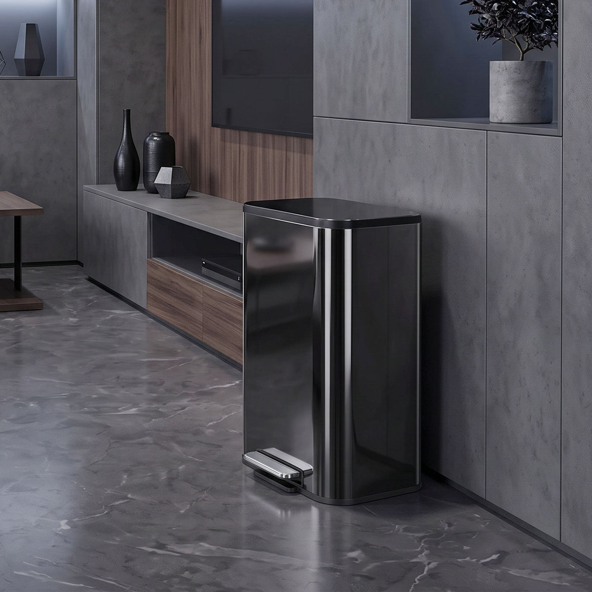 50L Kitchen Bin, Metal Rectangular Pedal Trash Bin, High Gloss Black