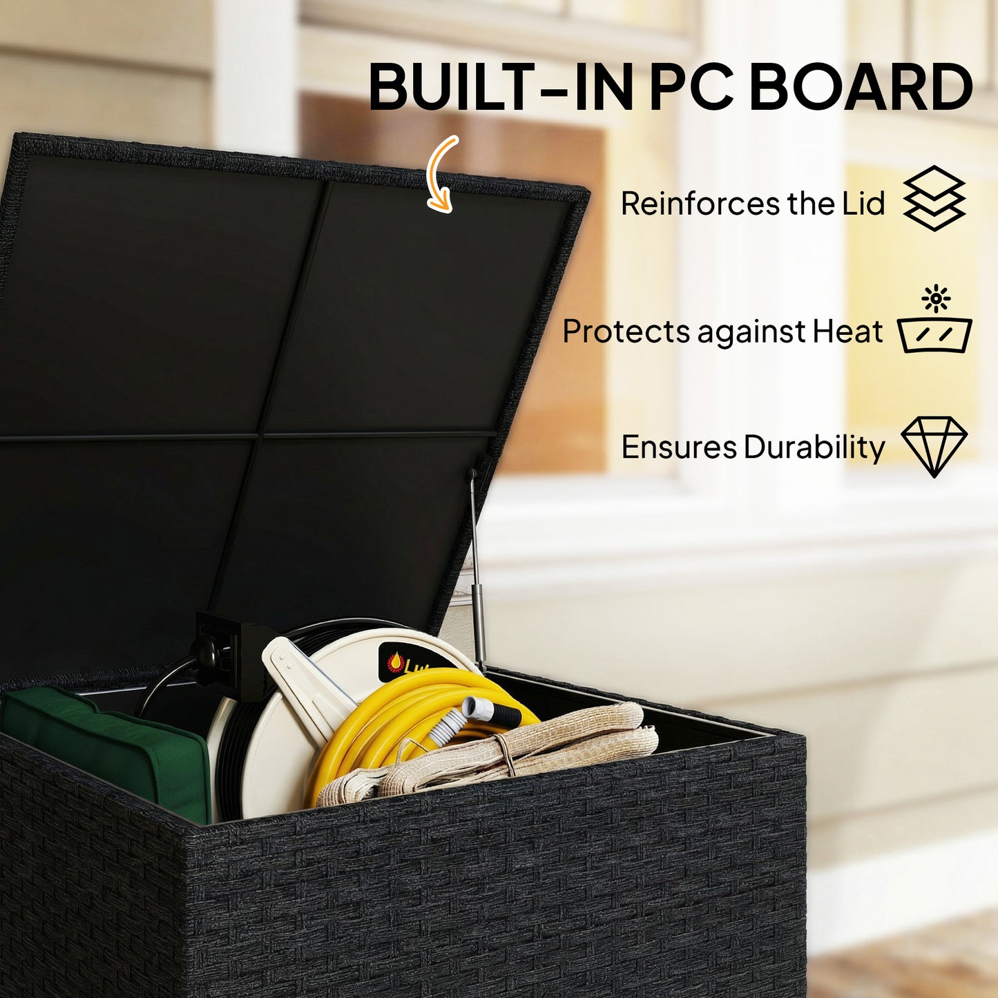 253L Garden Storage Box, Rattan Deck Box with Zipped Liner, Black