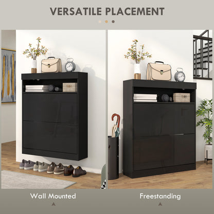 Wall Mounted or Freestanding Shoe Cabinet with 2 Flip Drawers, Black
