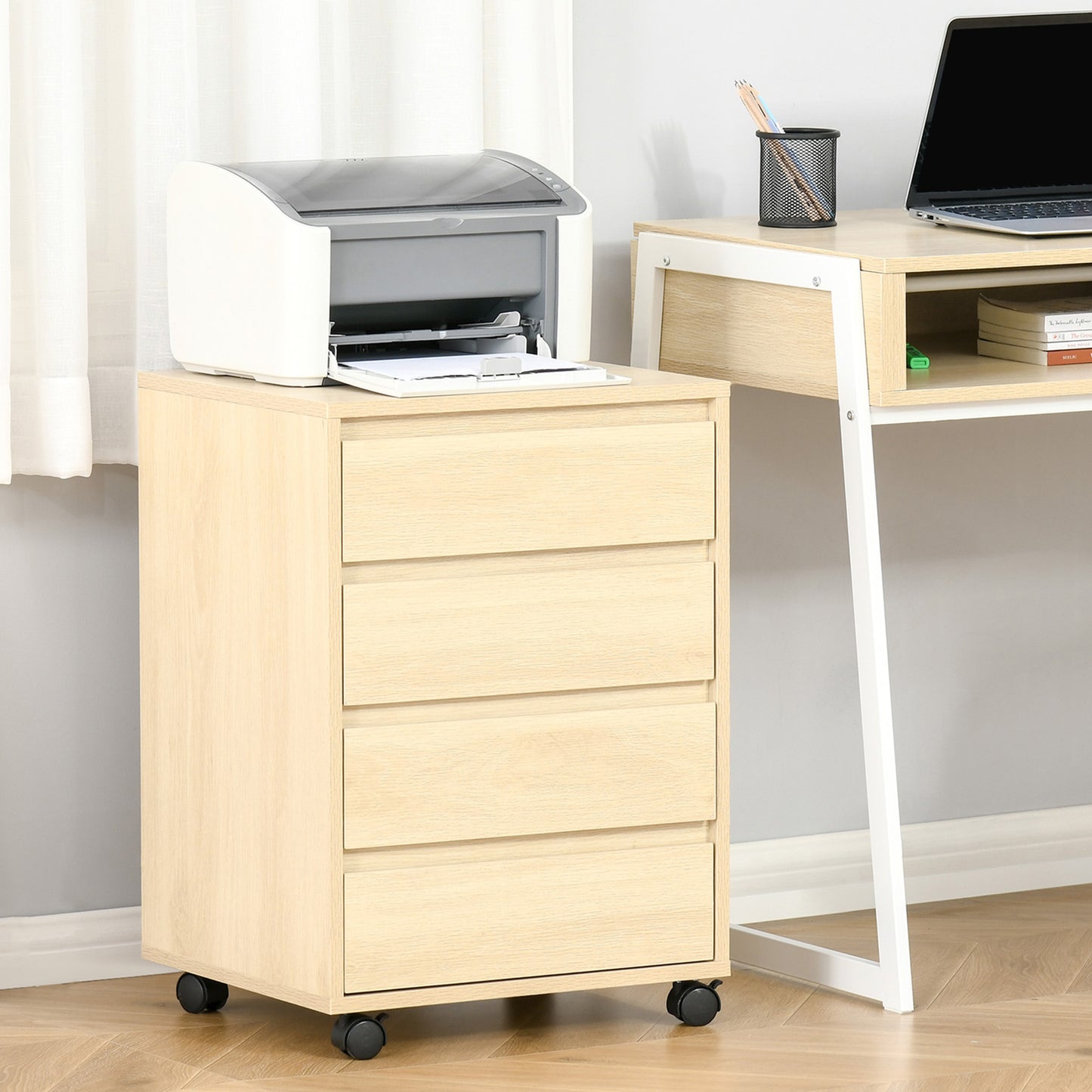 Mobile Vertical Filing Cabinet with 4 Drawers for Home, Natural