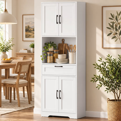 Tall Kitchen Pantry Cabinet with Drawer and Appliance Counter - White Wood Effect