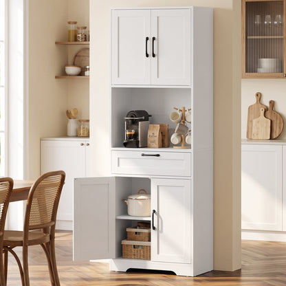 Tall Kitchen Pantry Cabinet with Drawer and Appliance Counter - White Wood Effect