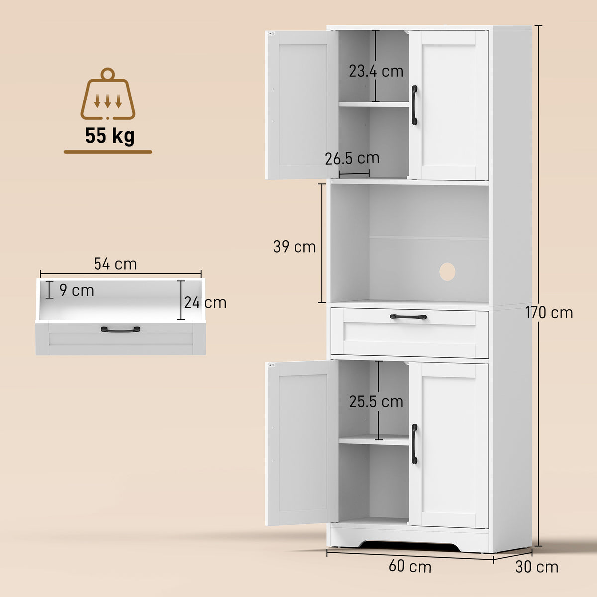 Tall Kitchen Pantry Cabinet with Drawer and Appliance Counter - White Wood Effect