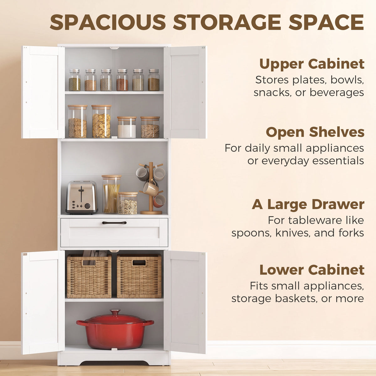 Tall Kitchen Pantry Cabinet with Drawer and Appliance Counter - White Wood Effect