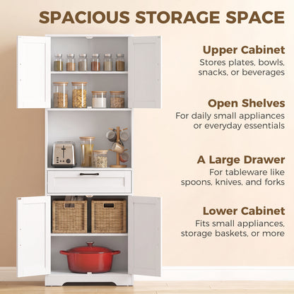 Tall Kitchen Pantry Cabinet with Drawer and Appliance Counter - White Wood Effect
