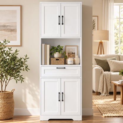 Tall Kitchen Pantry Cabinet with Drawer and Appliance Counter - White Wood Effect