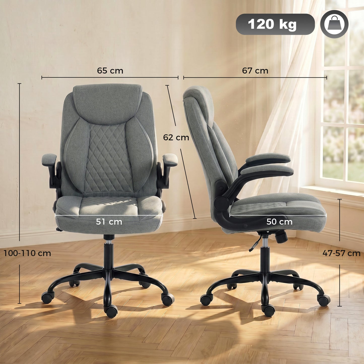 Linen-Look Computer Desk Chair with Thick Cushion, Grey