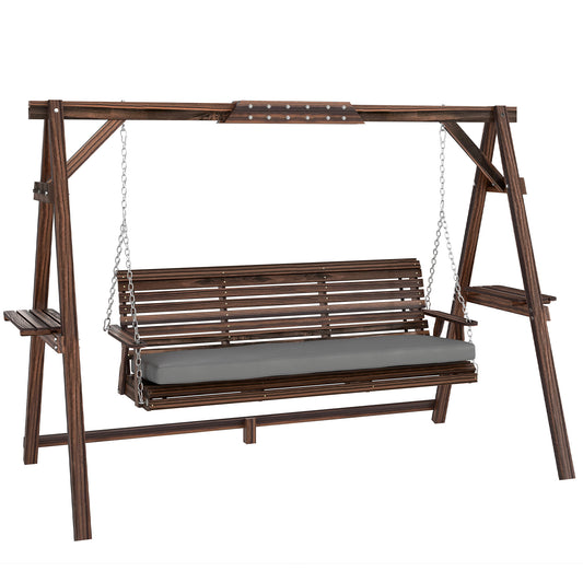 3 Seater Wooden Garden Swing Seat Chair with Side Trays and Cushion