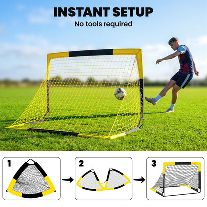 Set of 2 Pop Up Football Goal, 5 x 3.5ft Portable Folding Football Net with Carry Bag, 8 U-Shaped Ground Stakes, Fibreglass Pole, Training Equipment for Indoor and Outdoor Use, Easy Setup