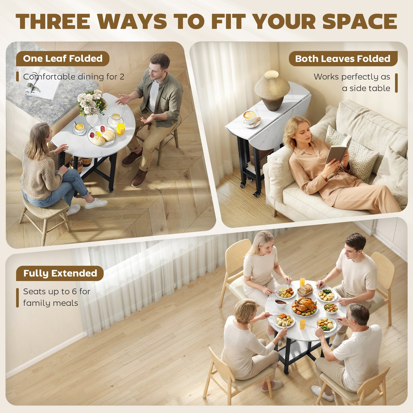 Folding Dining Table, Drop Leaf Table with Open Shelf, White Marble