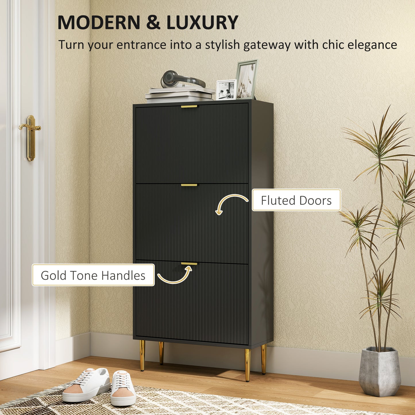 Slim Shoe Storage Cabinet with 3 Flip Drawers for Hallway, Black