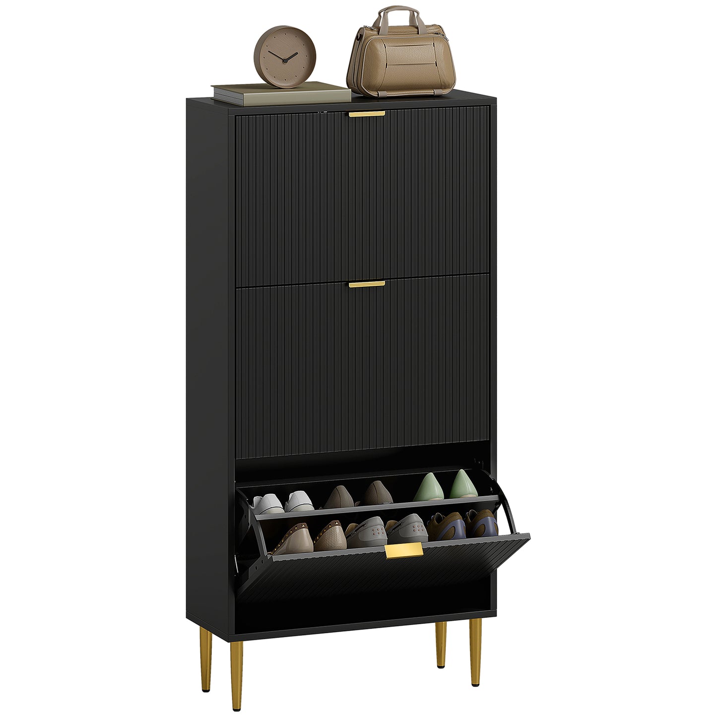 Slim Shoe Storage Cabinet with 3 Flip Drawers for Hallway, Black